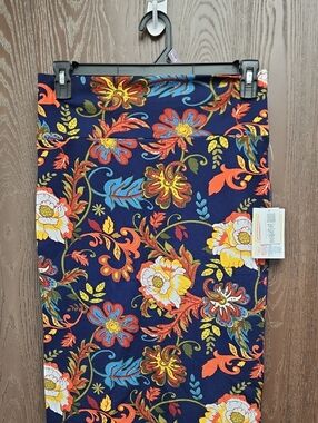 LuLaRoe Navy Floral Pencil Skirt with Yellow, Orange & Blue Blooms